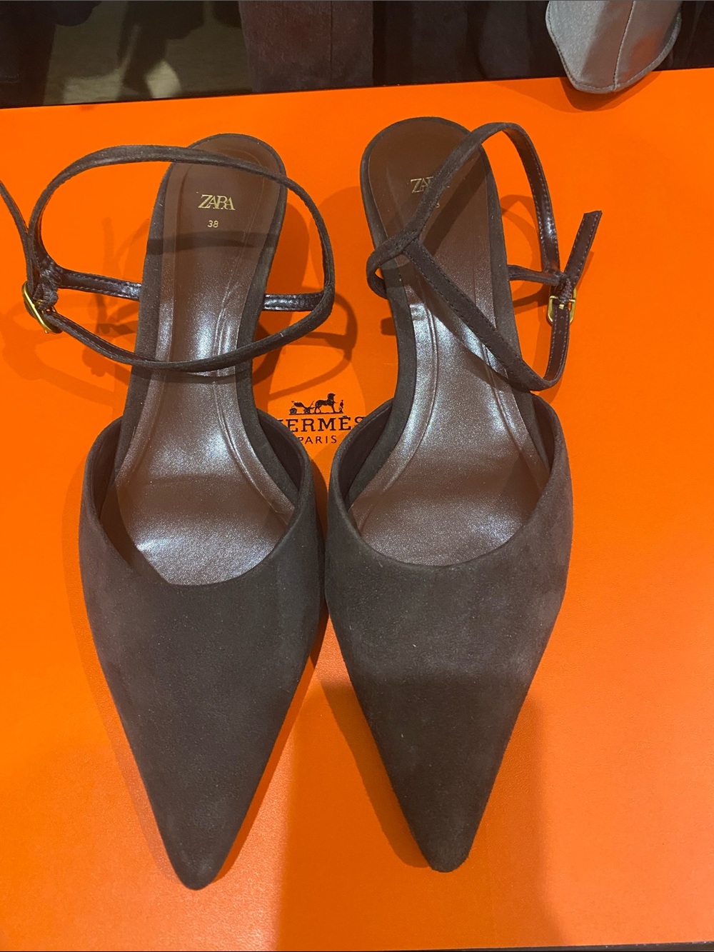 Zara Dark Brown Pointed Toe Suede Ankle Strap Heels